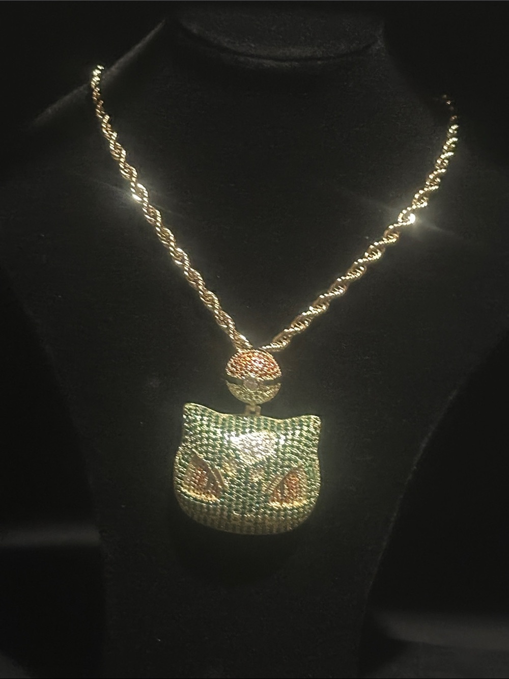 Gold-Tone Bulbasaur Pokemon Pendant Necklace with Green and Orange Accents